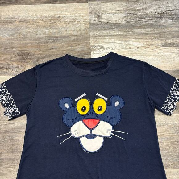 Vintage Pink Panther Navy Blue Women‎ L Handmade Embroidered Applique T-Shirt - Picture 1 of 6